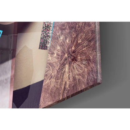 Bold rose gold dandelion glass wall art with pink accents