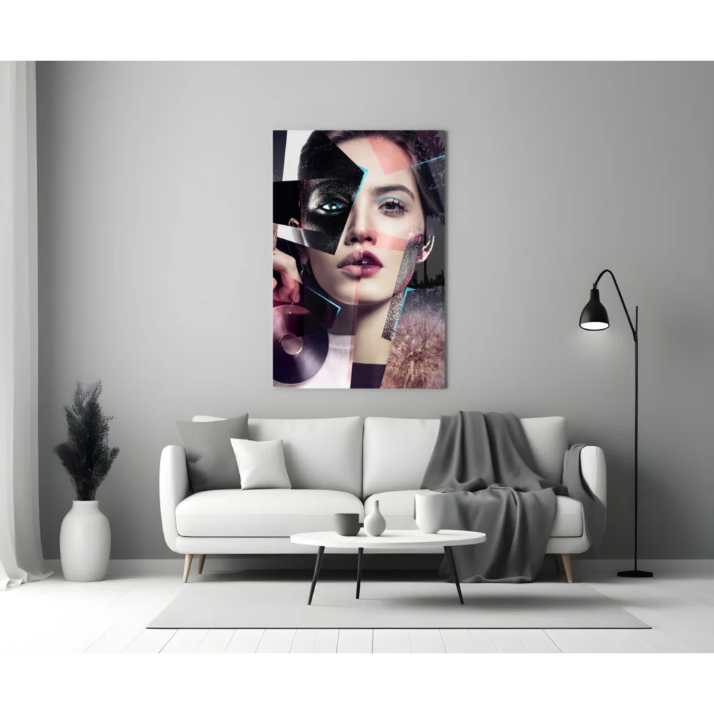 Bold abstract woman portrait canvas wall art with pink accents
