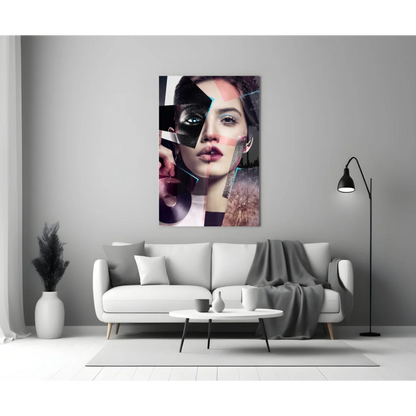 Bold abstract woman portrait canvas wall art with pink accents