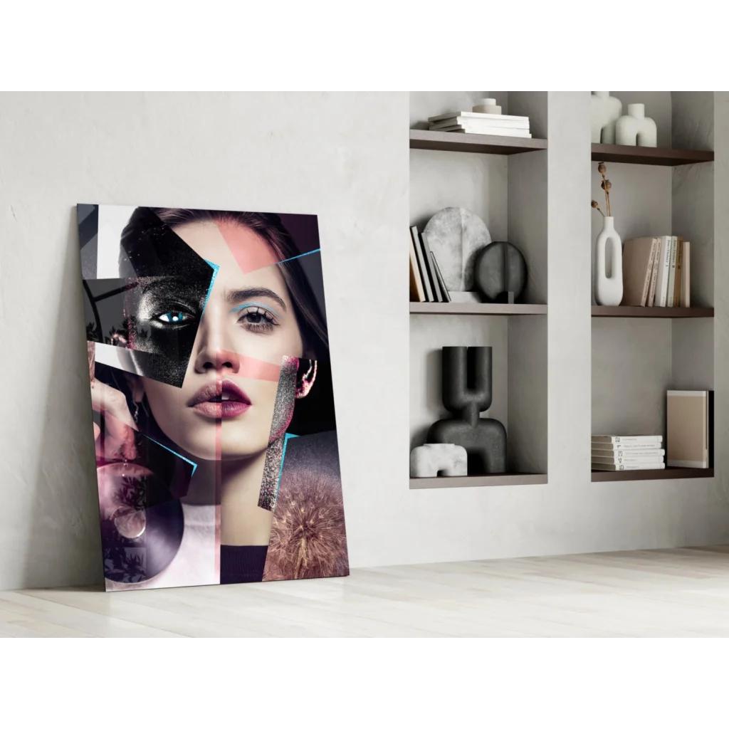 Bold abstract woman portrait canvas wall art with pink accents