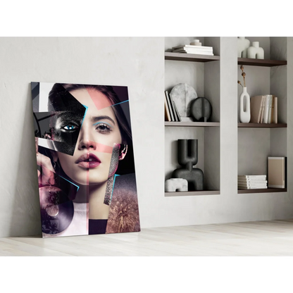 Bold abstract woman portrait canvas wall art with pink accents