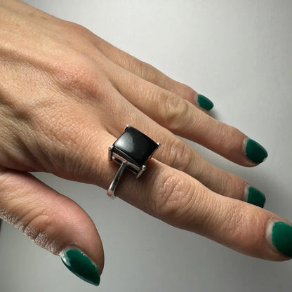 Bold black onyx ring with square stone on silver band