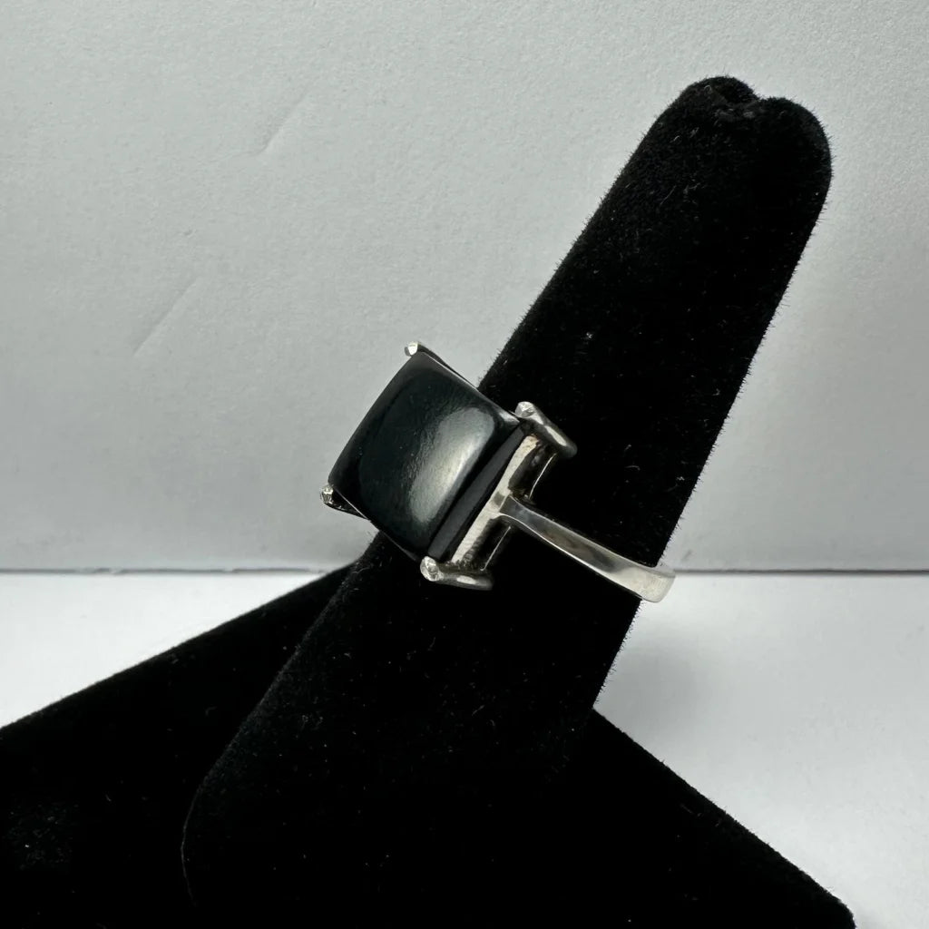 Sleek black onyx ring in sterling silver with bold square stone