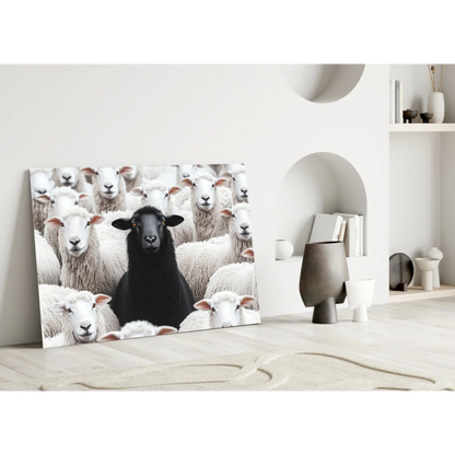 Bold black sheep glass wall art canvas print with white sheep contrast