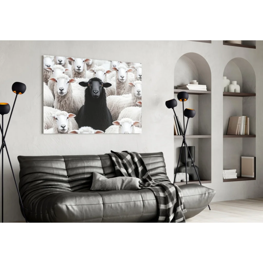Bold black sheep glass wall art canvas print with white sheep contrast