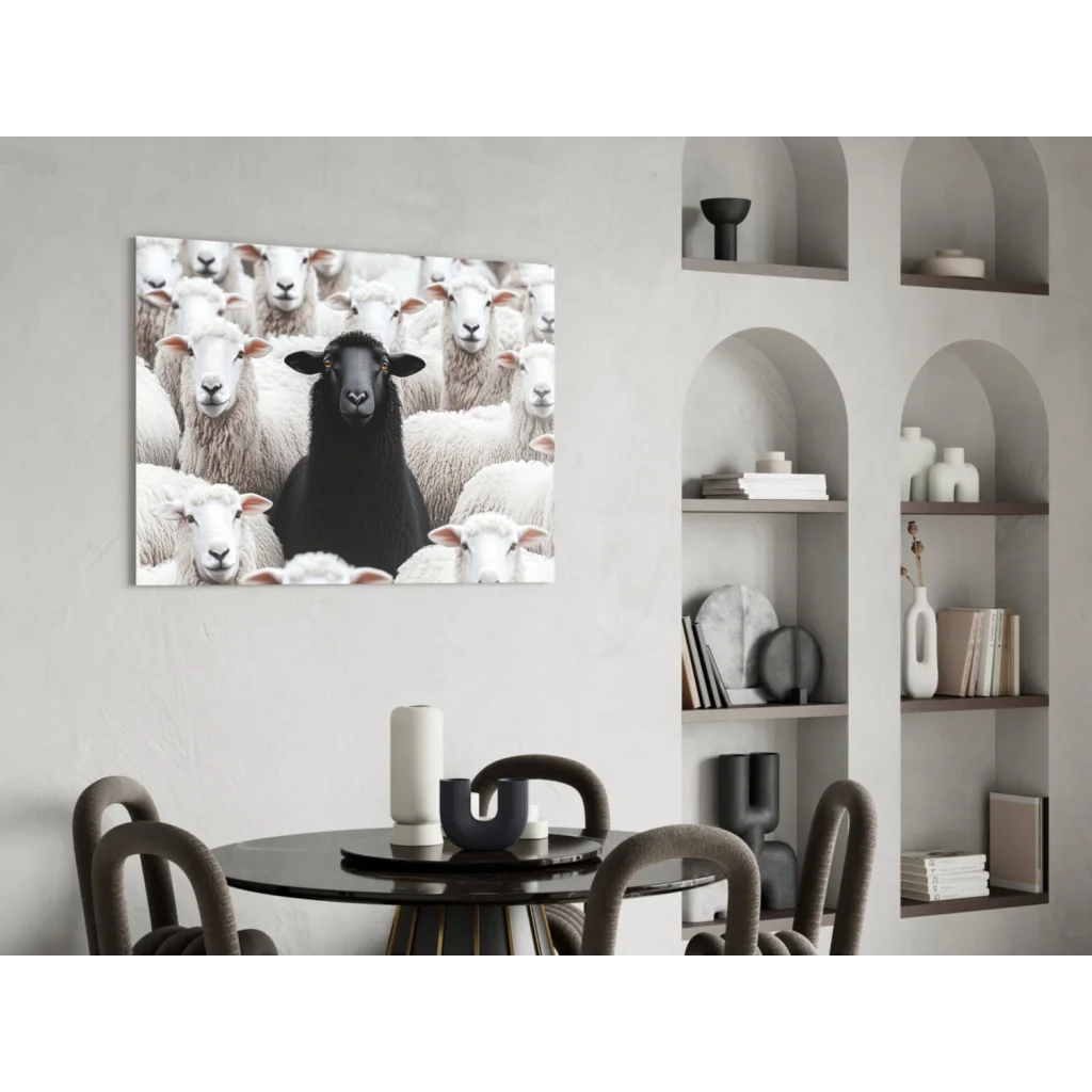 Bold Black Sheep glass wall art: black lamb amid white lambs on minimalist wall