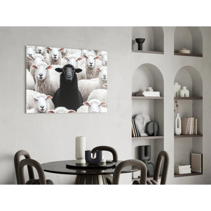 Bold Black Sheep glass wall art: black lamb amid white lambs on minimalist wall