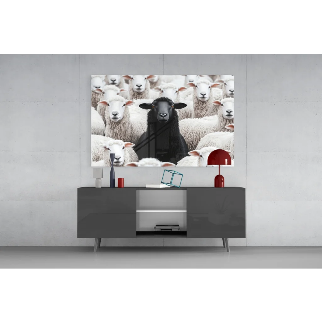 Bold Black Sheep glass wall art with white sheep in minimalist style