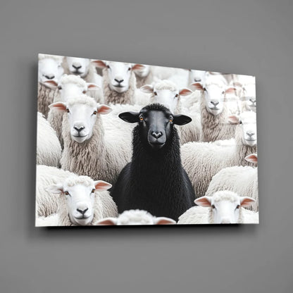 Bold Black Sheep glass wall art canvas print with striking black lamb among white sheep