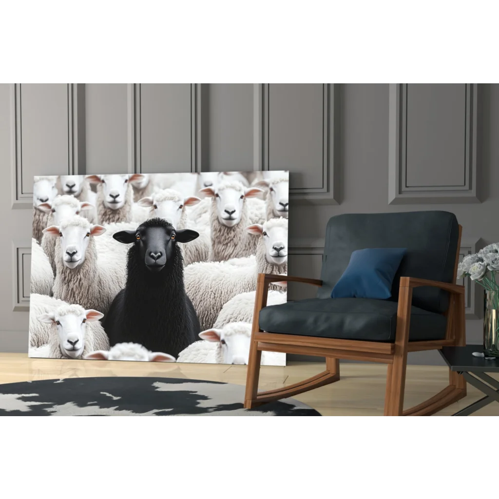 Bold black sheep glass wall art canvas print on gray wall