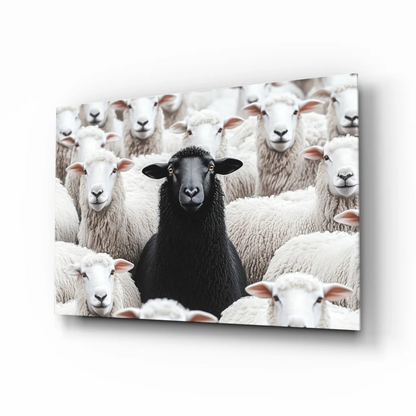 Bold black sheep glass wall art canvas print with striking lamb