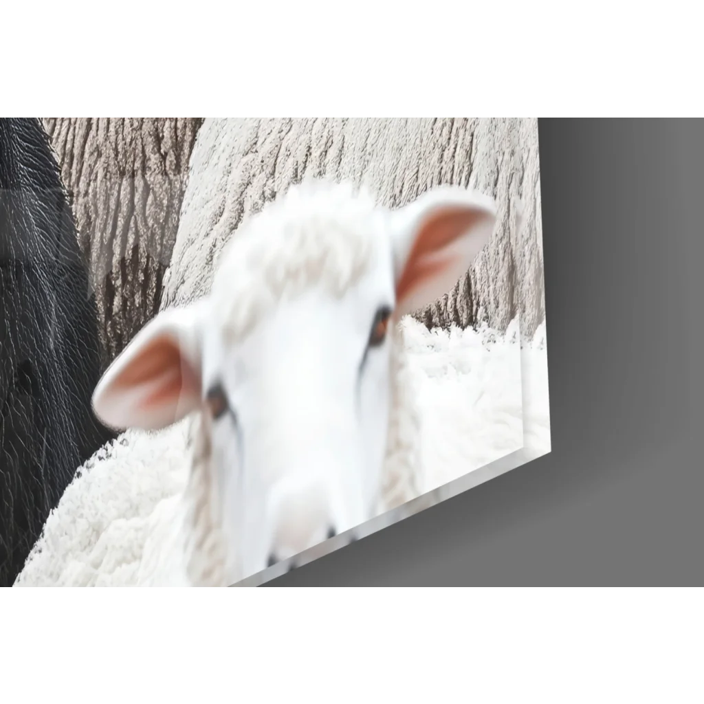 White fluffy sheep with pink ears peeks from snow by tree in bold black sheep glass wall art