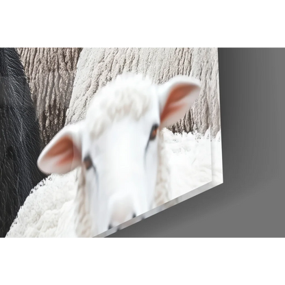 White fluffy sheep with pink ears peeks from snow by tree in bold black sheep glass wall art