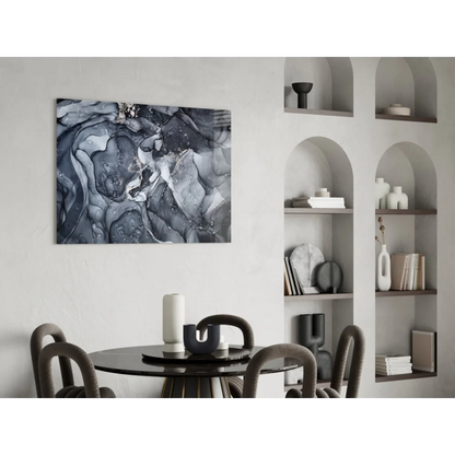 Bold black and white abstract canvas wall art with glossy textured finish