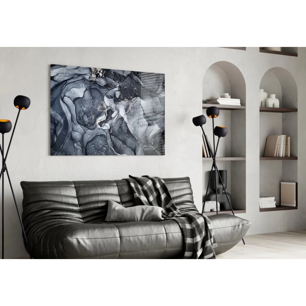 Bold black and white abstract canvas wall art print with glossy finish