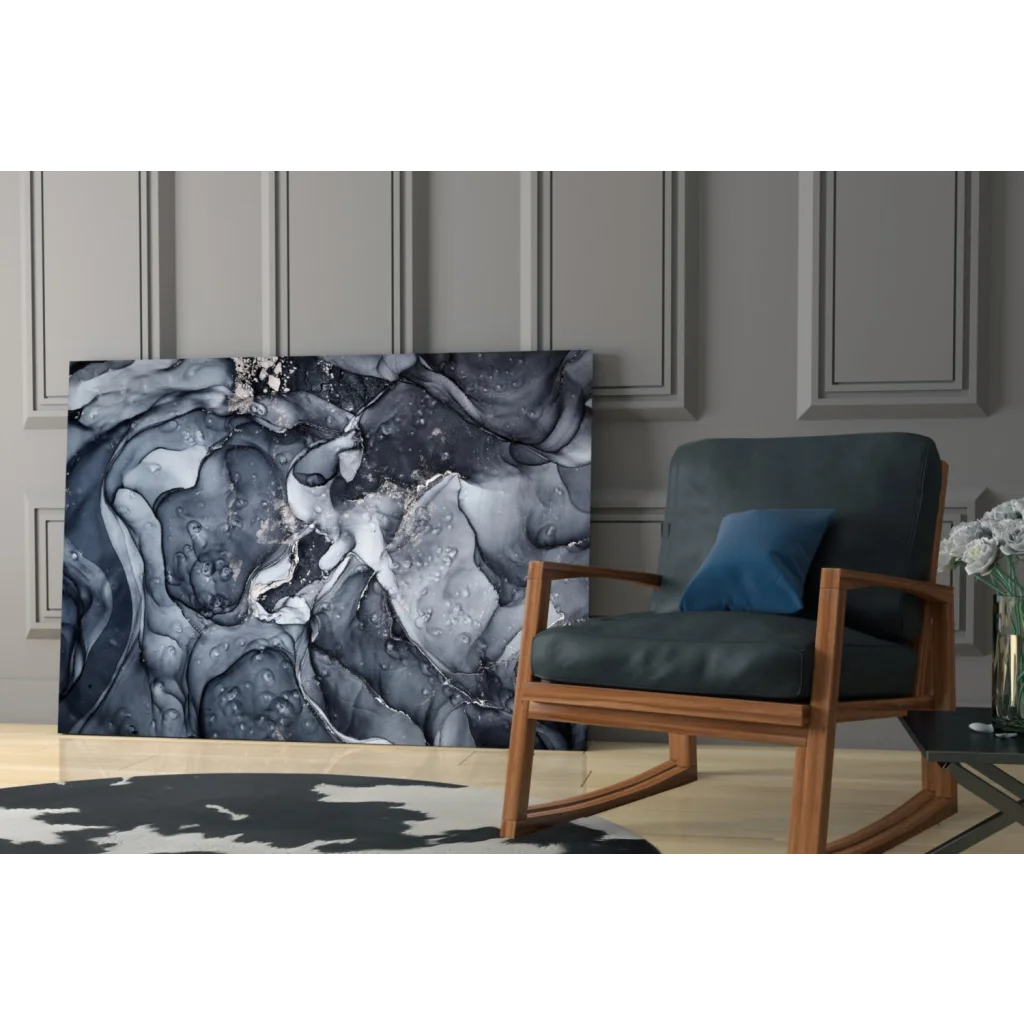 Bold black and white abstract canvas wall art with glossy textured finish