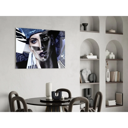 Bold black-and-white abstract portrait canvas of womans face with blue eyes, wall art on white wall