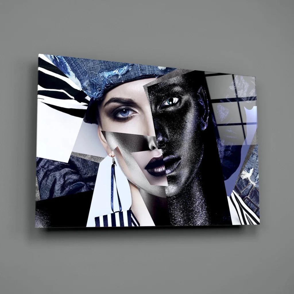 Bold Blue Eyes abstract portrait canvas wall art with split face in black, white, blue