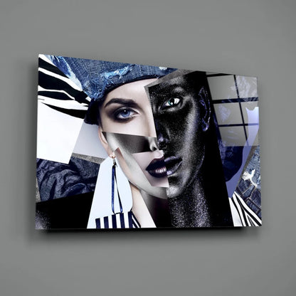 Bold Blue Eyes abstract portrait canvas wall art with split face in black, white, blue