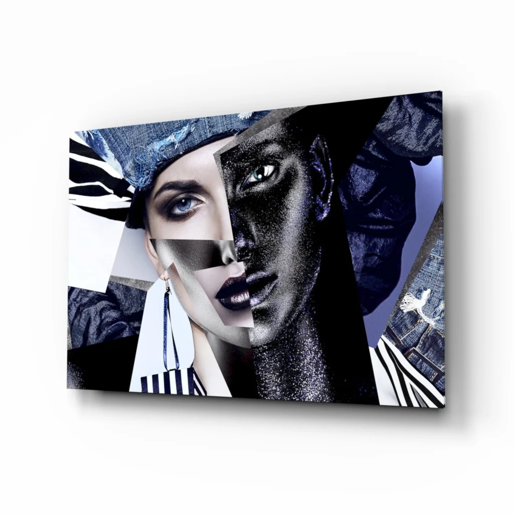 Bold Blue Eyes abstract portrait canvas wall art with fragmented collage