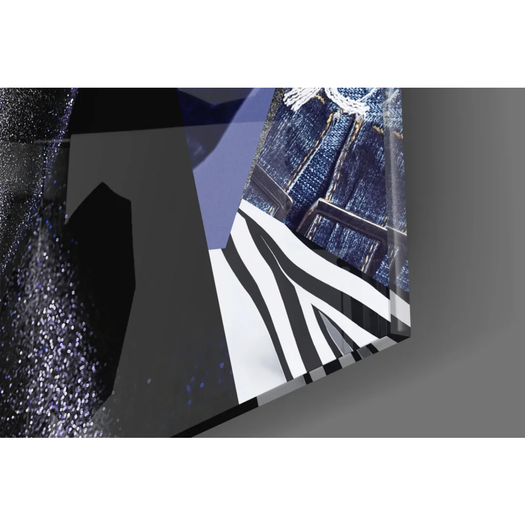 Sleek acrylic glass wall art case with blue denim jacket and zebra accents