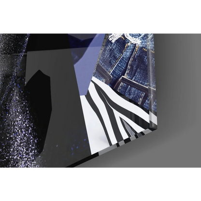 Sleek acrylic glass wall art case with blue denim jacket and zebra accents