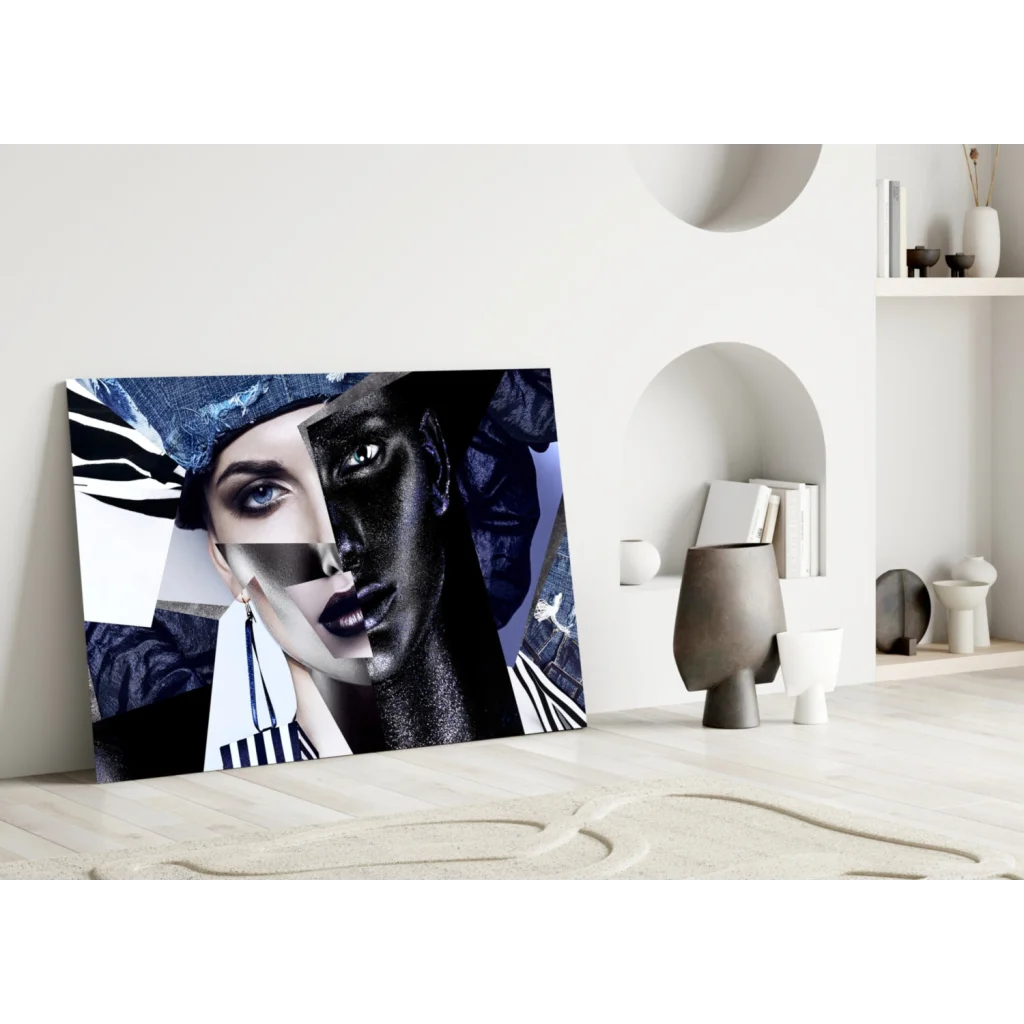 Bold blue eyes woman portrait canvas wall art with geometric patterns