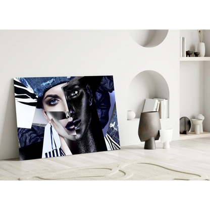Bold blue eyes woman portrait canvas wall art with geometric patterns