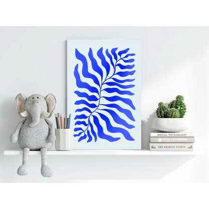 Bold Blue Fern aluminum print with stylized leaves on light background