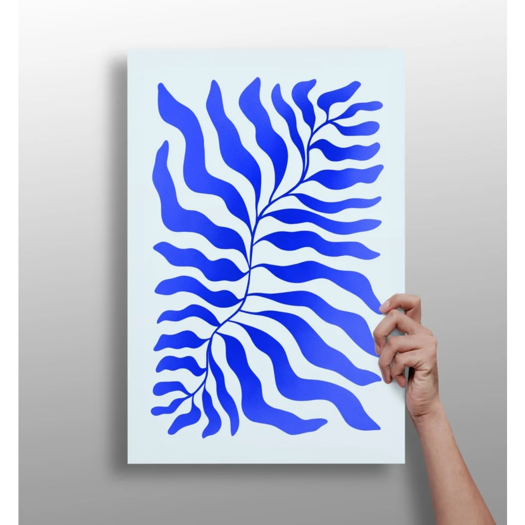 Bold Blue Fern aluminum print with minimalist wavy lines on white canvas
