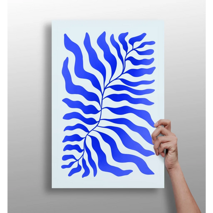 Bold Blue Fern aluminum print with minimalist wavy lines on white canvas