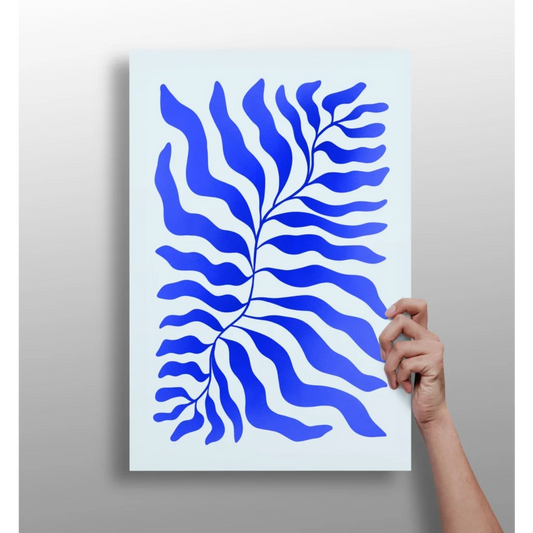 Bold Blue Fern aluminum print with minimalist wavy lines on white canvas