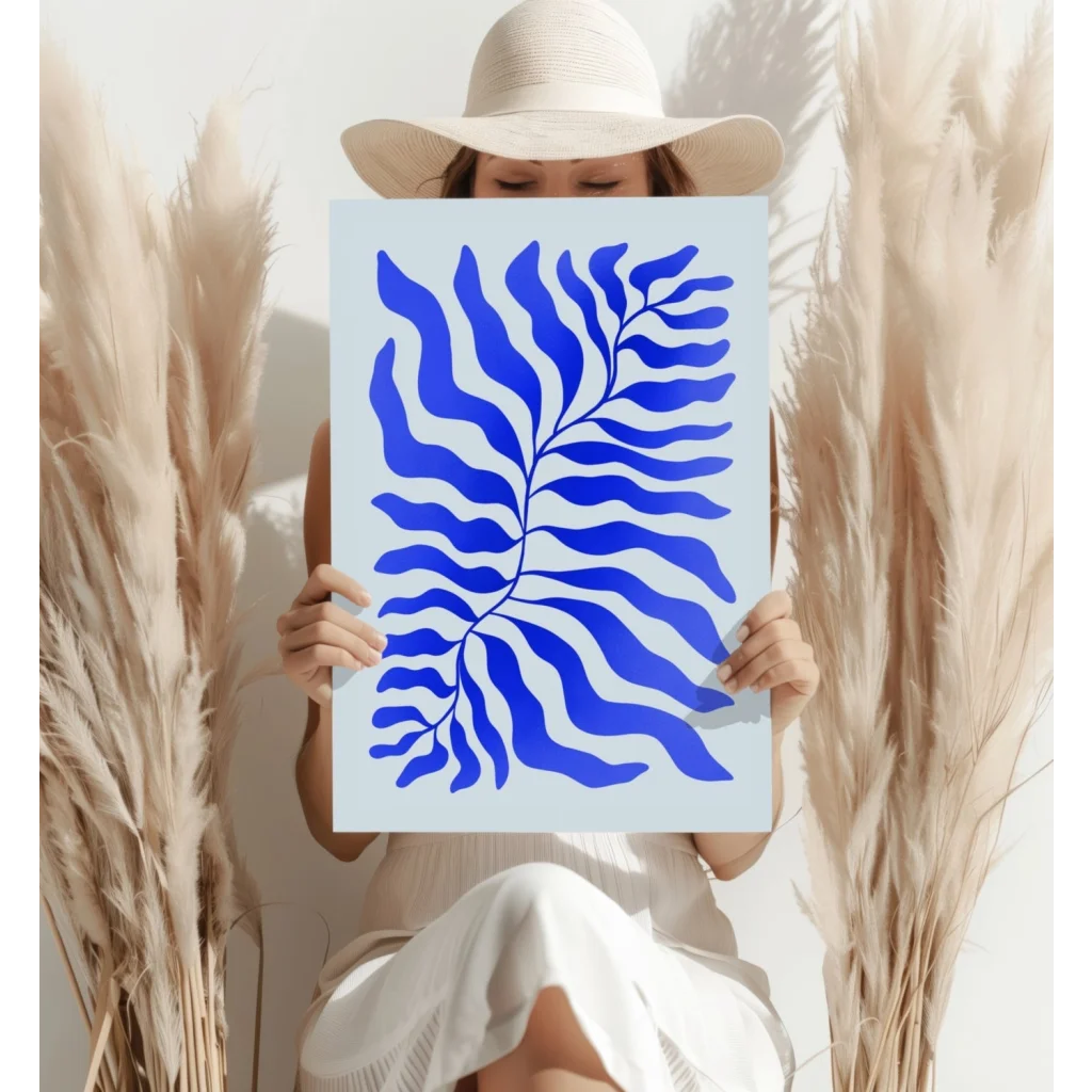 Bold Blue Fern aluminum print on light blue paper for modern spaces
