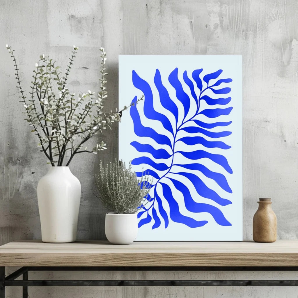 Bold blue fern aluminum print on white canvas for modern spaces