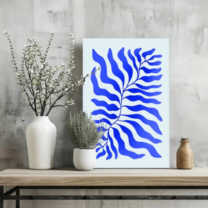 Bold blue fern aluminum print on white canvas for modern spaces