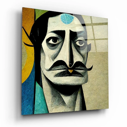 Stylized man with blue mustache in green shirt, bold blue mustache wall art canvas