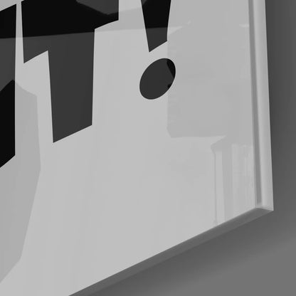 Sleek white-framed tempered glass art with bold black abstract cutout