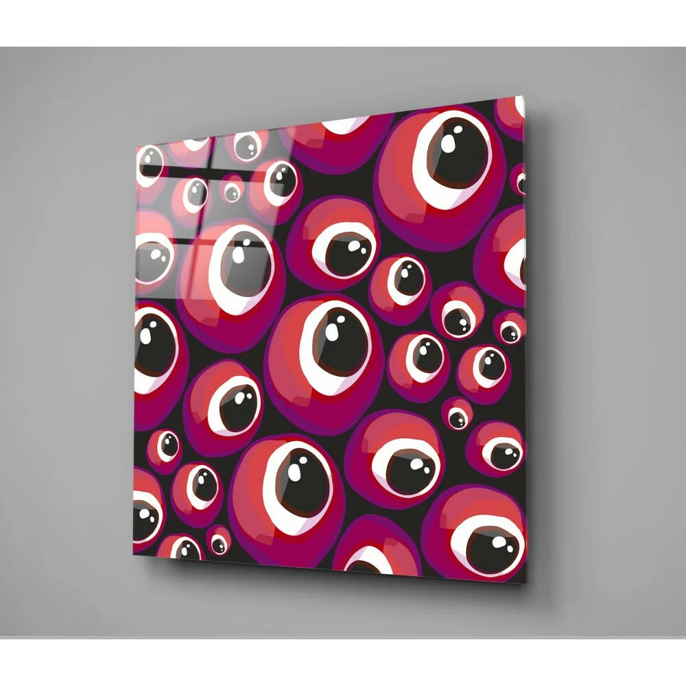 Vibrant red and purple cartoon eyes glass wall art on glossy black panel