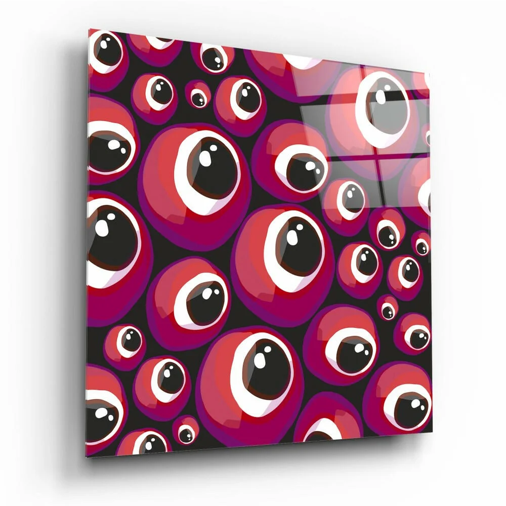 Vibrant pink and red cartoon eyes on glossy black glass wall art panel