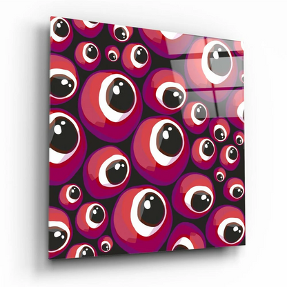 Vibrant pink and red cartoon eyes on glossy black glass wall art panel