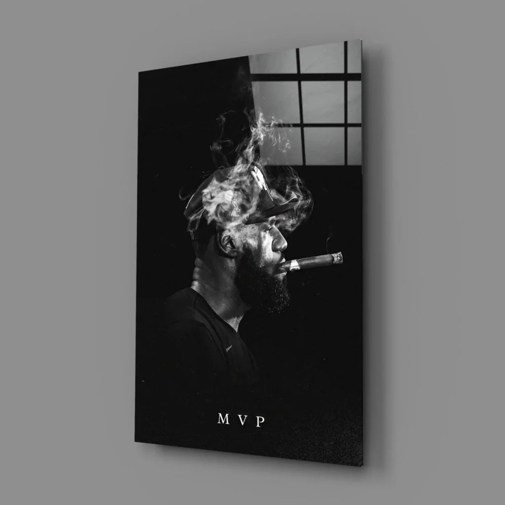 Bold black and white cigar smoking man glass wall art poster