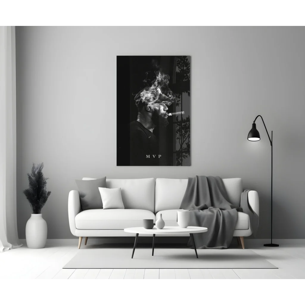Bold Cigar Man black and white glass wall art poster on wall