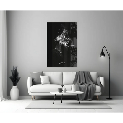 Bold Cigar Man black and white glass wall art poster on wall