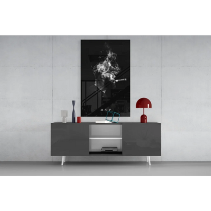 Bold Cigar Man black and white glass wall art poster with MVP smoke on gray sideboard