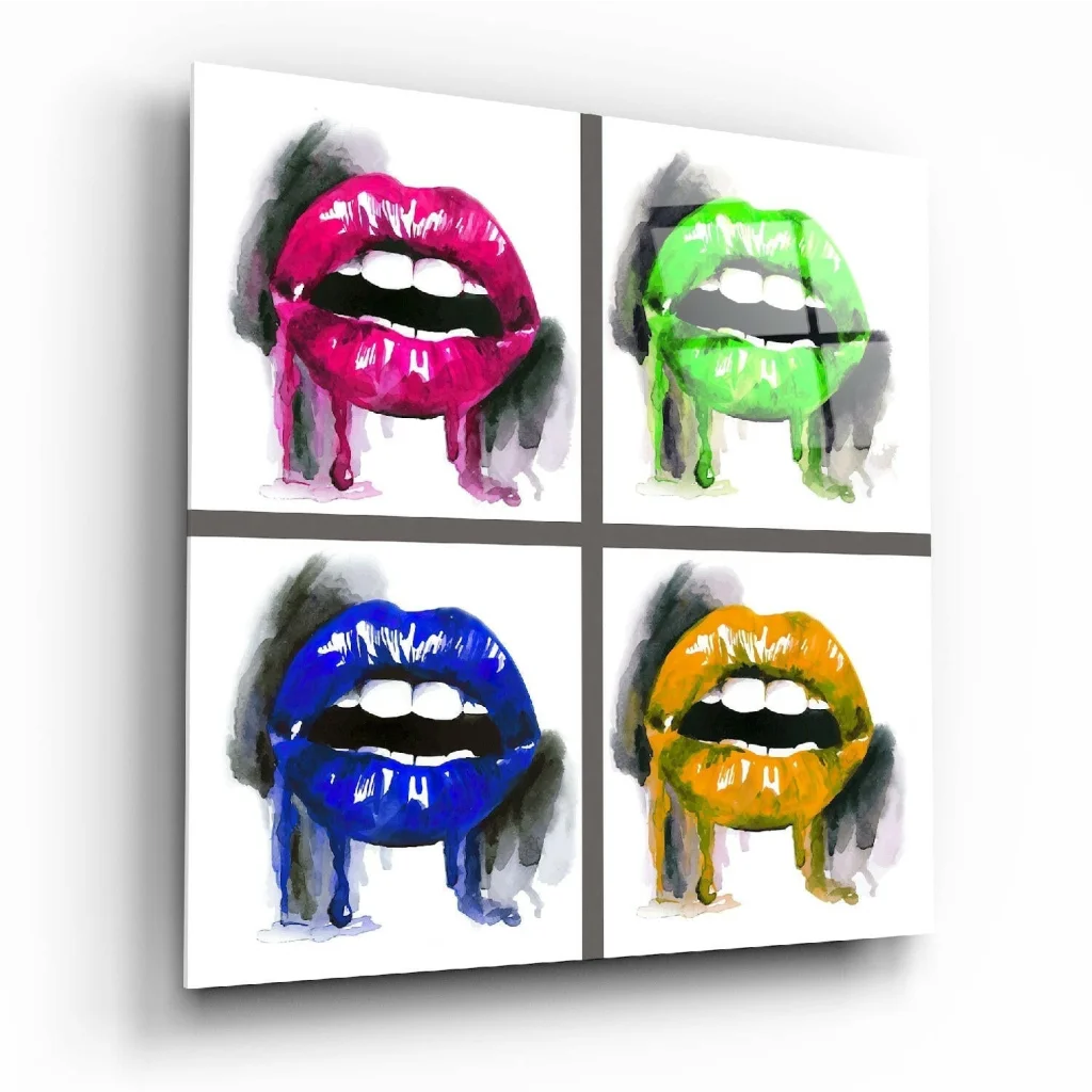 Vibrant pop art canvas wall art with bold dripping lips in pink, green, blue, orange