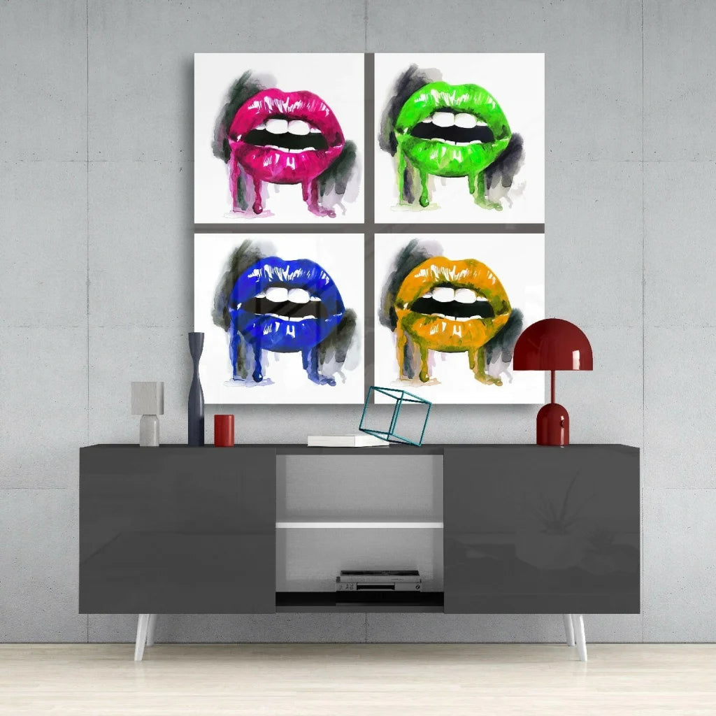 Bold Dripping Lips Pop Art Canvas Wall Art with vibrant pink, green, blue, yellow lips and dripping paint