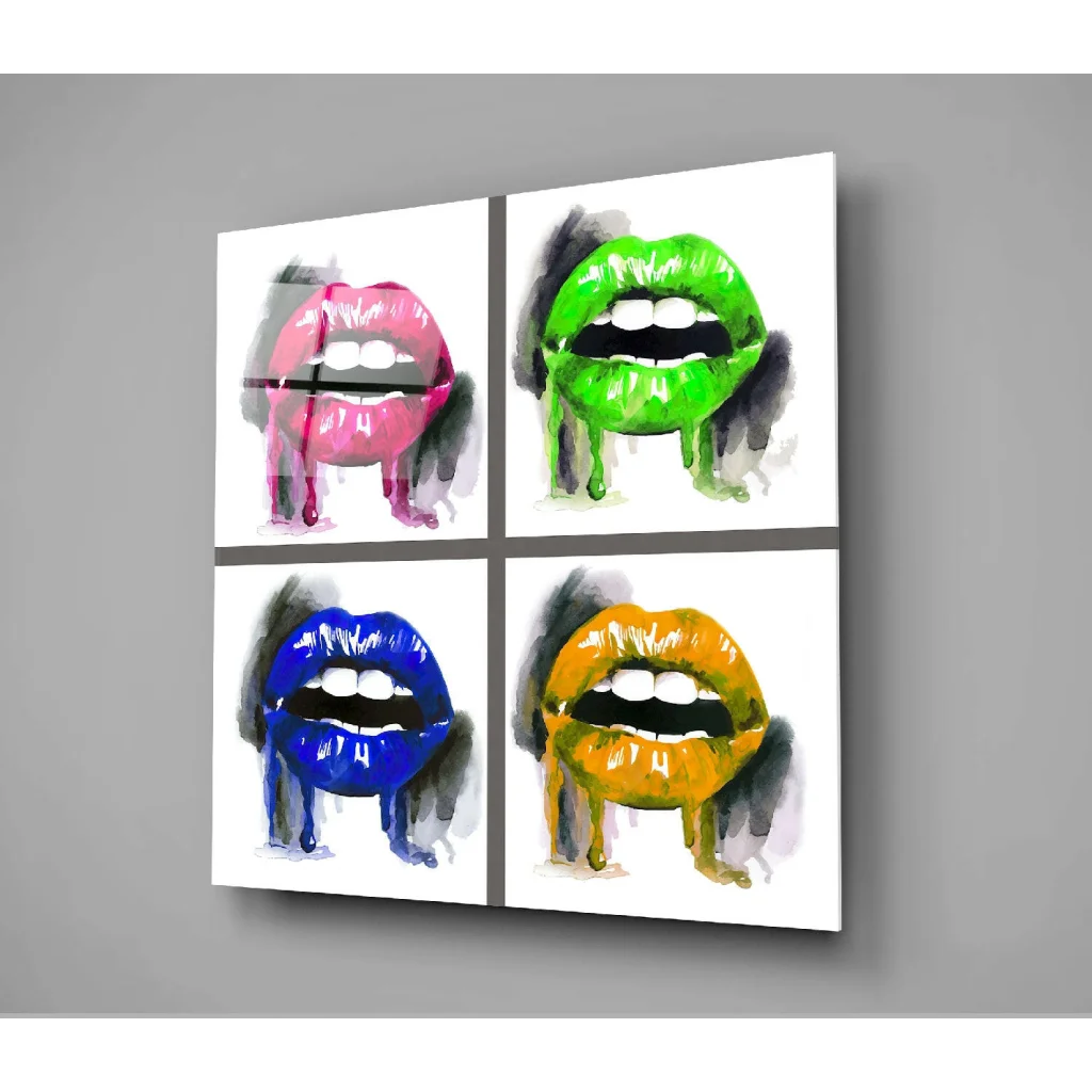 Vibrant pop art canvas wall art with bold dripping lips in pink, green, blue, orange