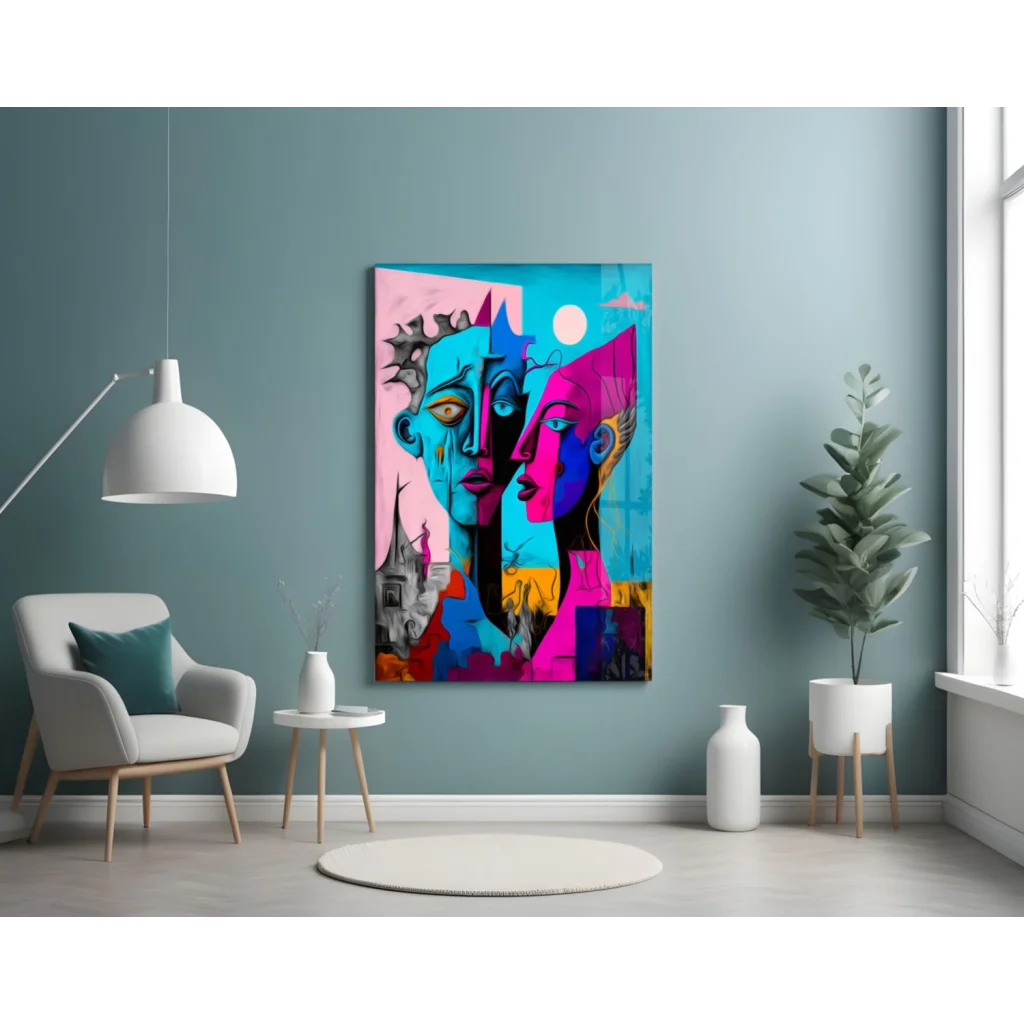 Bold dual faces abstract wall art canvas in blue and pink hues