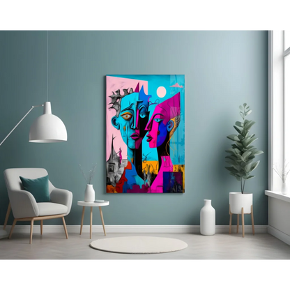Bold dual faces abstract wall art canvas in blue and pink hues