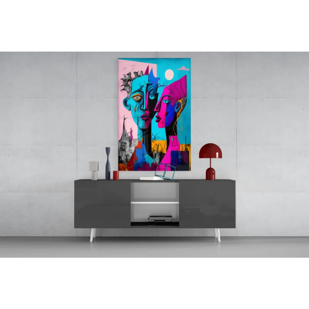 Vibrant bold dual faces abstract wall art canvas in pink blue purple on teal